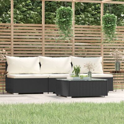 vidaXL Patio Furniture Set 4 Piece with Cushions Black Poly Rattan