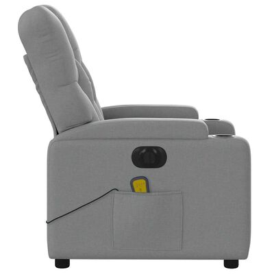 Side profile of gray recliner showing armrest and cup holder