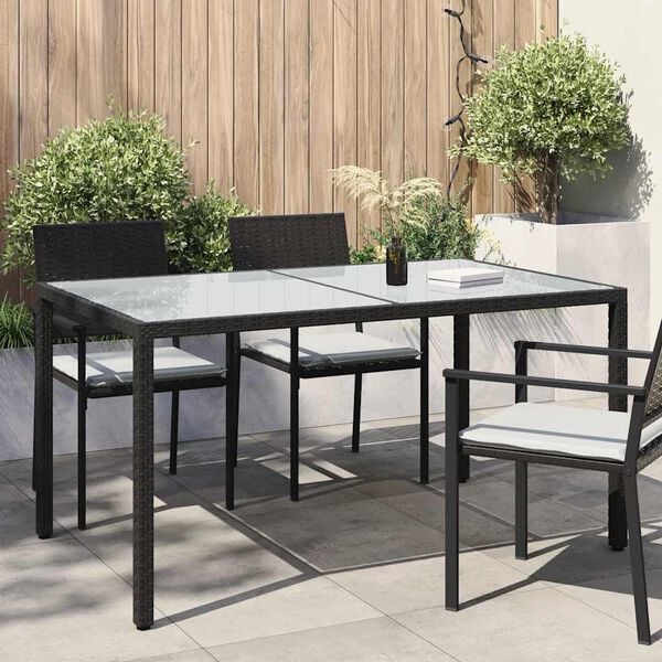 vidaXL Garden Table Black Tempered Glass, Poly Rattan, Powder-Coated Steel