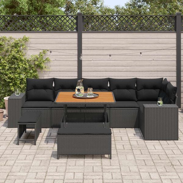 vidaXL Garden Sofa Set with Cushion 9 pcs Black Poly Rattan