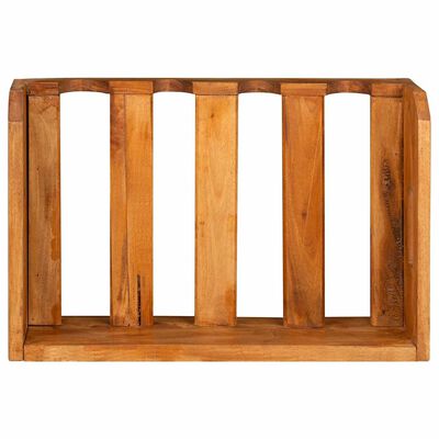 Wooden crate with vertical dividers forming five slots.