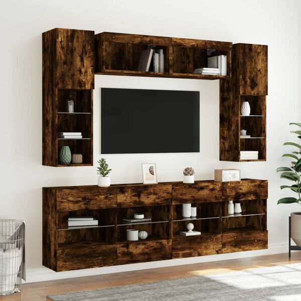 vidaXL 6 Piece TV Wall Stand Set with LED Lights Smoked Oak