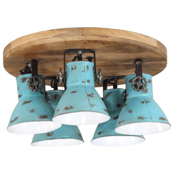 vidaXL Ceiling Lamp Distressed Blue Iron and Solid Mango Wood Medium