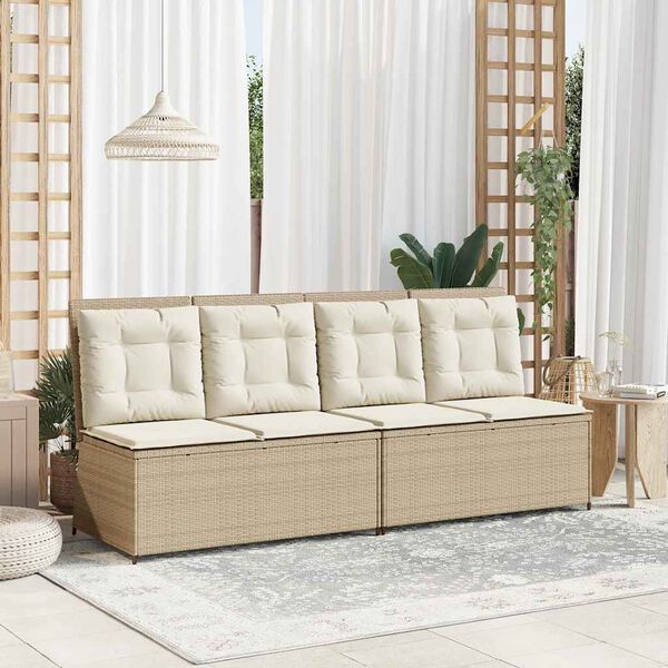 vidaXL Reclining Patio Bench Beige, Cream Poly Rattan, Powder-Coated Steel