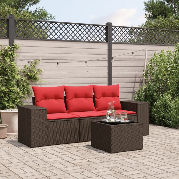 vidaXL 4 Piece Patio Sofa Set with Cushions Brown Poly Rattan