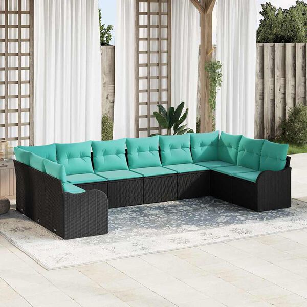 vidaXL Garden Sofa Set 10 pcs Black and turquoise Poly Rattan