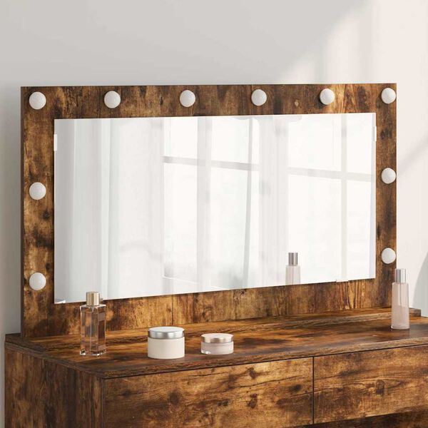 vidaXL Vanity Mirror with LED Strip Lights Smoked Oak 100 x 55 x 18 cm