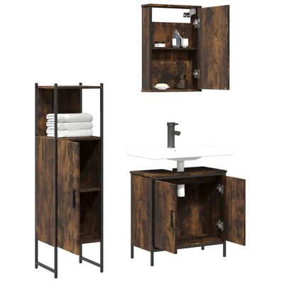 Rustic brown bathroom furniture including tall cabinet, wall cabinet with open shelf, and sink vanity with cabinet doors.