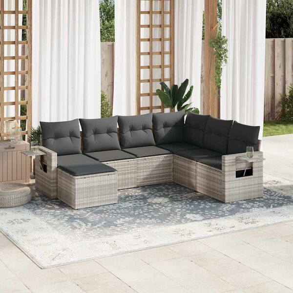 vidaXL Garden Sofa Set Light Grey PE Rattan, Powder-Coated Steel 7 Piece