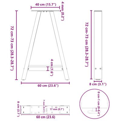 Dimensions schematic of a trestle table showing measurements for legs, top, and assembly.