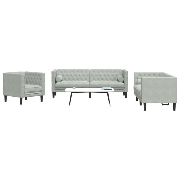 vidaXL 3 Piece Chesterfield Sofa Set with Bolsters Light Gray Velvet