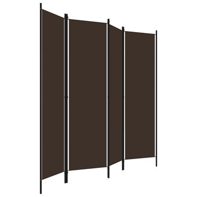 Four panel curved folding screen with dark brown fabric and black frame.