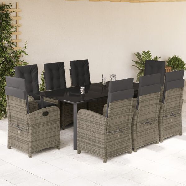 vidaXL 9 Piece Patio Dining Set with Cushions Gray Poly Rattan