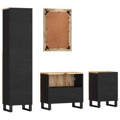 Tall black cabinet, wall mirror frame, lower open cabinet, and two small drawers cabinet in rustic wood finish, all with black metal bases