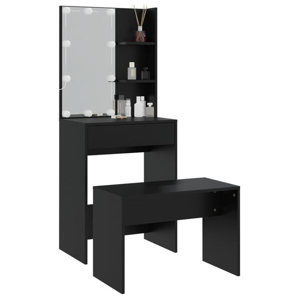 vidaXL Dressing Table Set With Led Black Engineered wood Compact