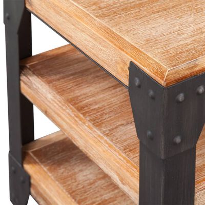 Close-up of wooden shelf edge and metal bracket on corner post.