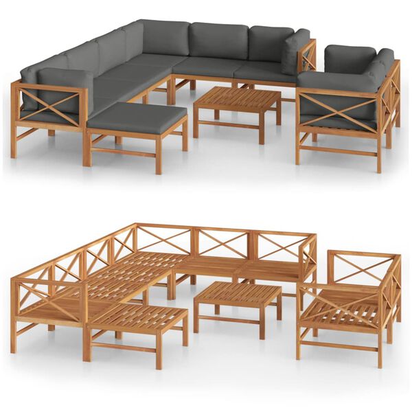 vidaXL Garden Lounge Set Grey, Teak Teak Wood, Polyester 10 Piece Set