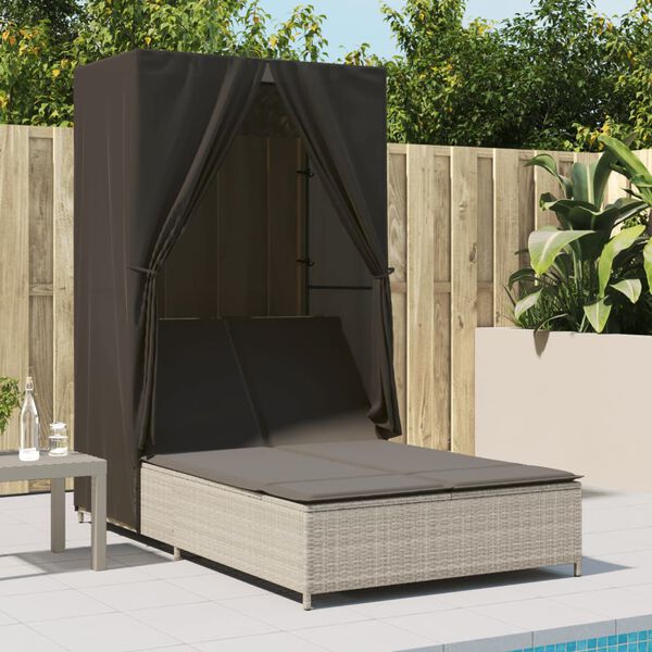 vidaXL Double Sun Lounger with Roof and Curtains Light Grey Poly Rattan