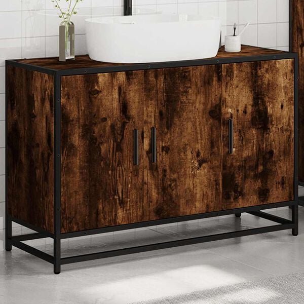 vidaXL Bathroom Sink Cabinet Smoked oak Engineered wood, metal 35.4 in