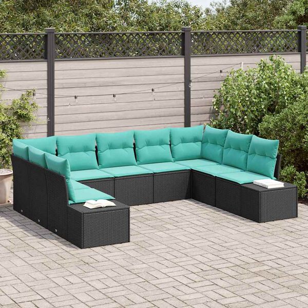 vidaXL Garden Sofa Set with Cushion 9 pcs Black Poly Rattan