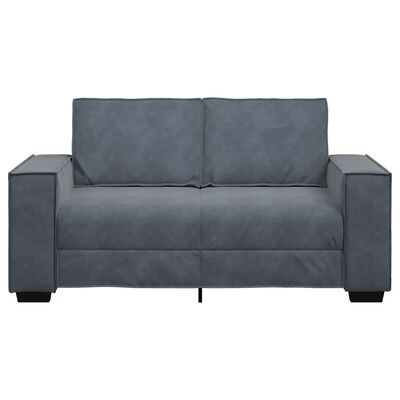 Blue-gray loveseat sofa shown from the front with two back cushions and chunky arms.