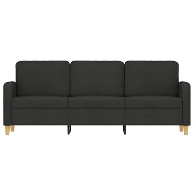 Dark gray three-seat sofa with back cushions and metal legs visible, isolated on white.