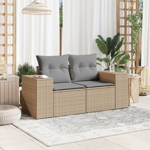 vidaXL Garden Sofa Beige Poly Rattan 2-Seater Adjustable Legs
