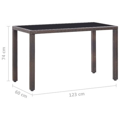 Dimensioned image of rectangular wicker dining table showing height and length (74 cm, 60 cm, 123 cm)
