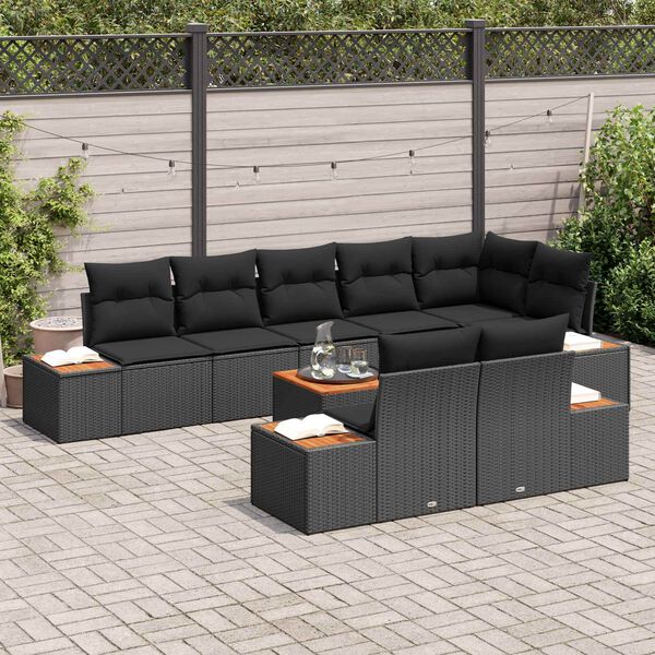 vidaXL Garden Sofa Set with Cushion 8 pcs Black Poly Rattan