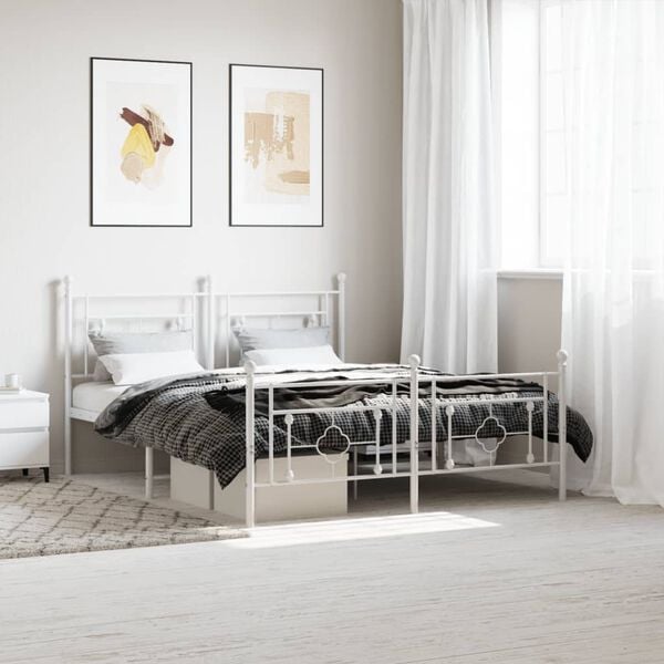 vidaXL Metal Bed Frame without Mattress with Footboard White 63"x78.7"