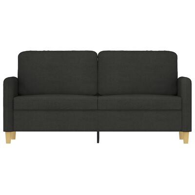 Front view of dark gray fabric sofa with two back cushions and wooden legs