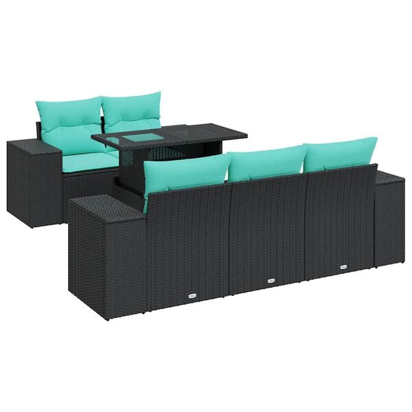 vidaXL 6 Piece Patio Sofa Set with Cushions Black Poly Rattan Acacia