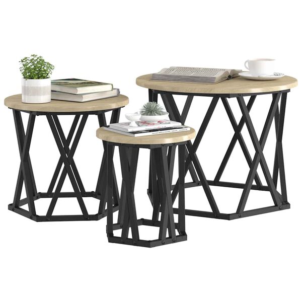 vidaXL Nesting Side Table 3 pcs Sonoma Oak Engineered wood and steel