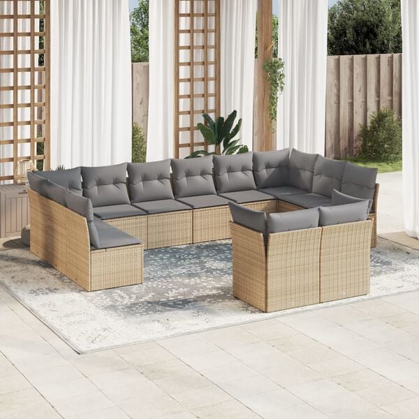 vidaXL Garden Sofa Set Beige Poly Rattan 12 Piece Set Adjustable Feet
