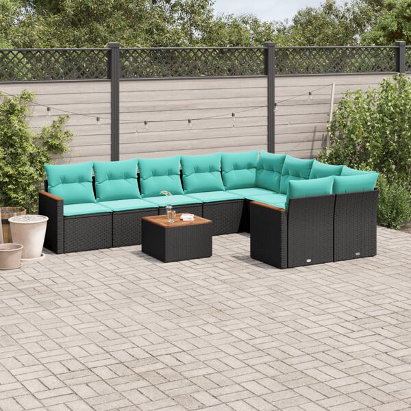 vidaXL 10 Piece Garden Sofa Set with Cushions Black Poly Rattan
