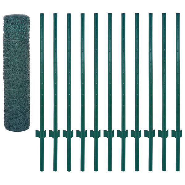 vidaXL Wire Mesh Fence with Posts Steel 82'x1.6' Green