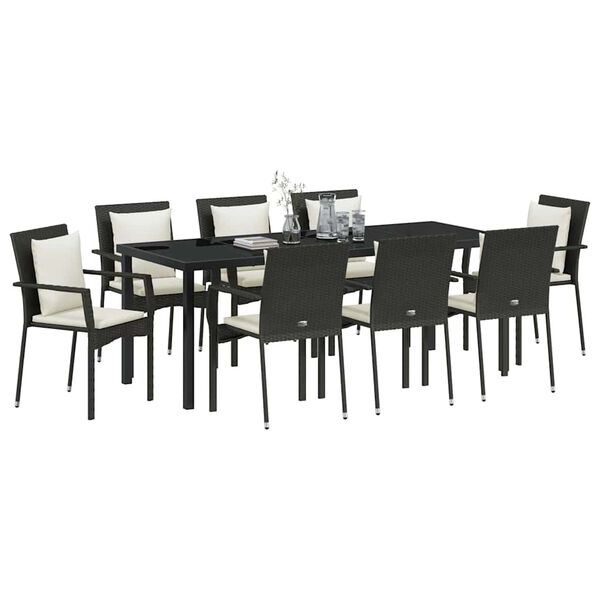 vidaXL Garden Dining Set with Cushion 9 pcs Black Poly Rattan