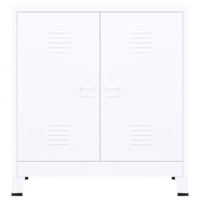 White cabinet with two vented doors and small handles, on short legs