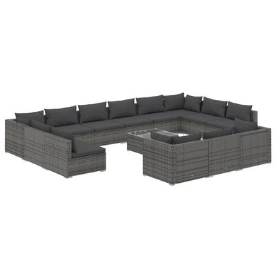 vidaXL 14 Piece Patio Lounge Set with Cushions Gray Poly Rattan