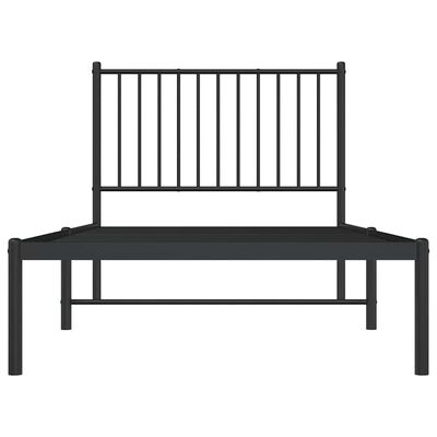 Black metal bed frame with high headboard and foot rail, slatted base