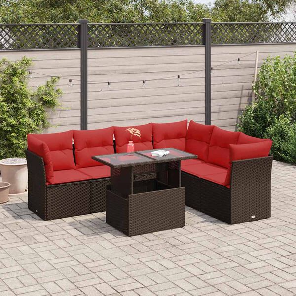vidaXL 7 Piece Patio Sofa Set with Cushions Brown Poly Rattan Acacia