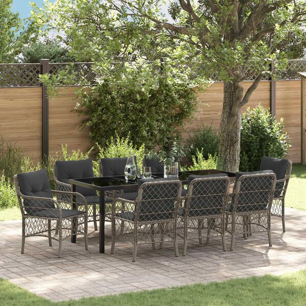 vidaXL Garden Dining Set with Cushion 9 pcs Grey Poly Rattan