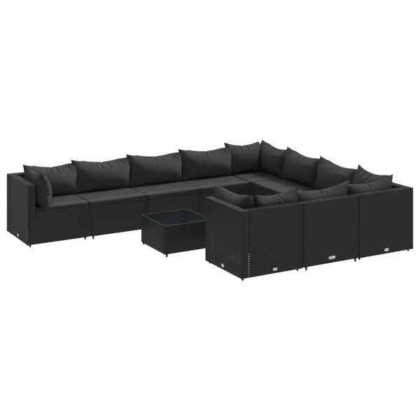 vidaXL Patio Sofa Set Black PE rattan, powder-coated steel, tempered glass