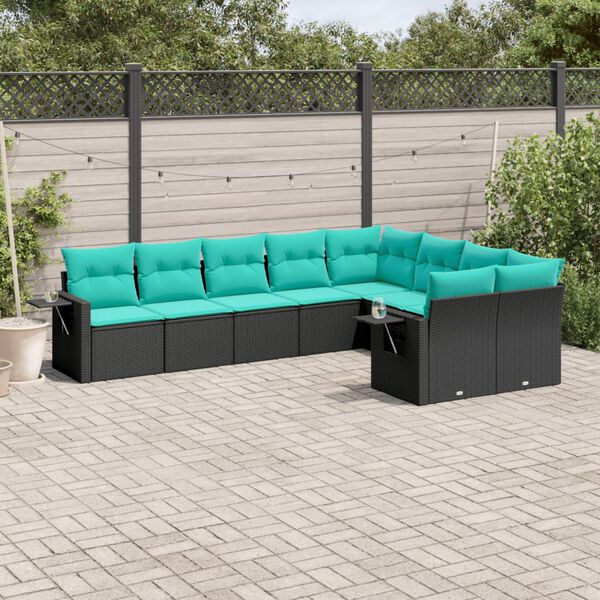 vidaXL 9 Piece Patio Sofa Set with Cushions Black Poly Rattan