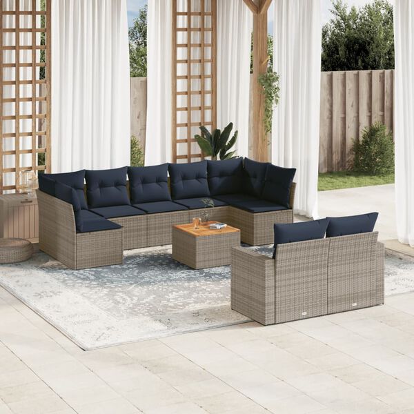 vidaXL 10 Piece Patio Sofa Set with Cushions Gray Poly Rattan