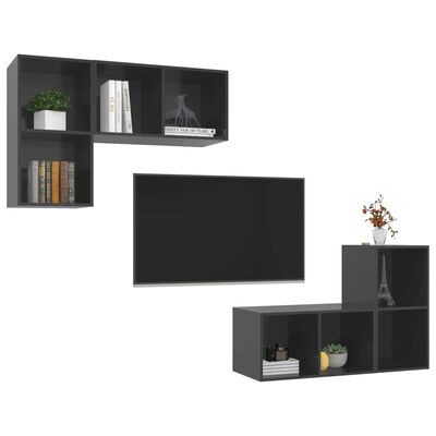 vidaXL Wall-mounted TV Stands 4 pcs High Gloss Gray Engineered Wood