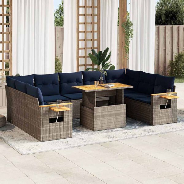 vidaXL 10 Piece Patio Sofa Set with Cushions Gray Poly Rattan Acacia