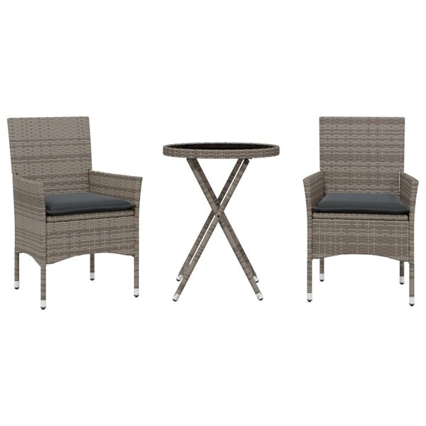 vidaXL 3 Piece Bistro Set with Cushions Grey Poly Rattan and Glass