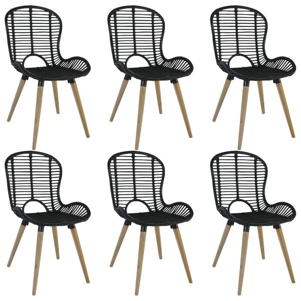 vidaXL Dining Chair Set of 6 Black Natural rattan Standard Ergonomic