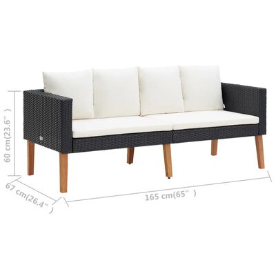 Outdoor sofa with white cushions and wooden legs, with dimensions indicating length 165 cm.
